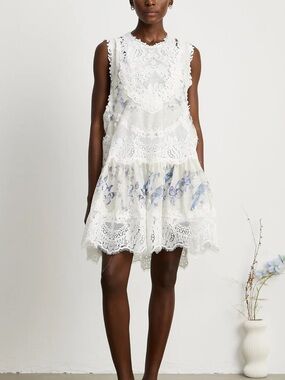 Sleeveless White Lace Floral Drop-Waist Dress